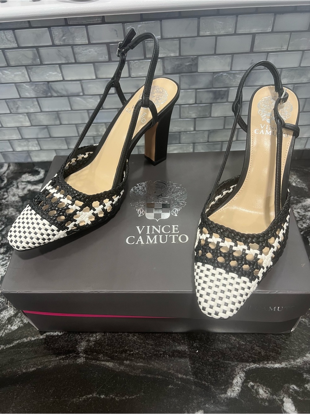 Vince Camuto Black and White Woven Slingback Heels